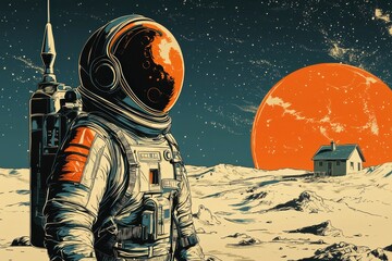Retro astronaut poster with cosmic and vintage art elements