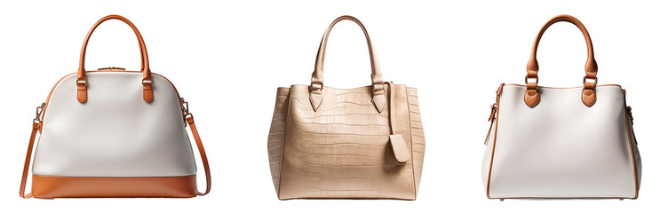 Collection of various women's handbags isolated on transparent background.