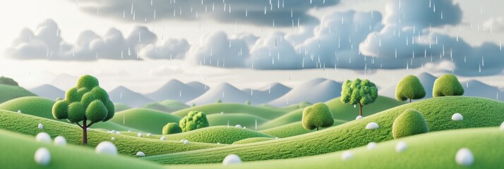 3D Illustration of Green Tea Plantation Surrounded by Mountains, Blue Sky, White Clouds, and Snowflake-Like Dots in Asian Painting Style