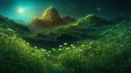 Fototapeta premium Detailed fantasy landscape planet tundra flowers in the glowing starry sunny green colorful light mountains poster banner hd ultra high resolution quality moon bright blue peaceful scene
