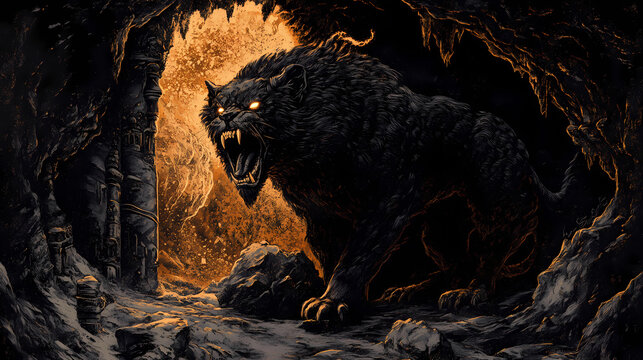 Fearsome chimera prowling through the labyrinthine caves,its roar shaking the very stones in a chimeras lair. illustration. Labyrinthine. Illustration