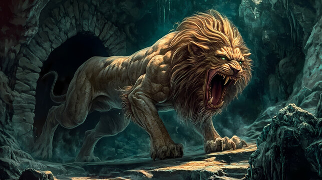 Fearsome chimera prowling through the labyrinthine caves,its roar shaking the very stones in a chimeras lair. illustration. Labyrinthine. Illustration