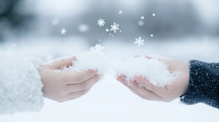 Fototapeta premium Two hands holding snowflakes in the air. the hands are covered in a thick layer of snow, and the background is blurred, but it appears to be a snowy landscape with trees and mountains in the distance.
