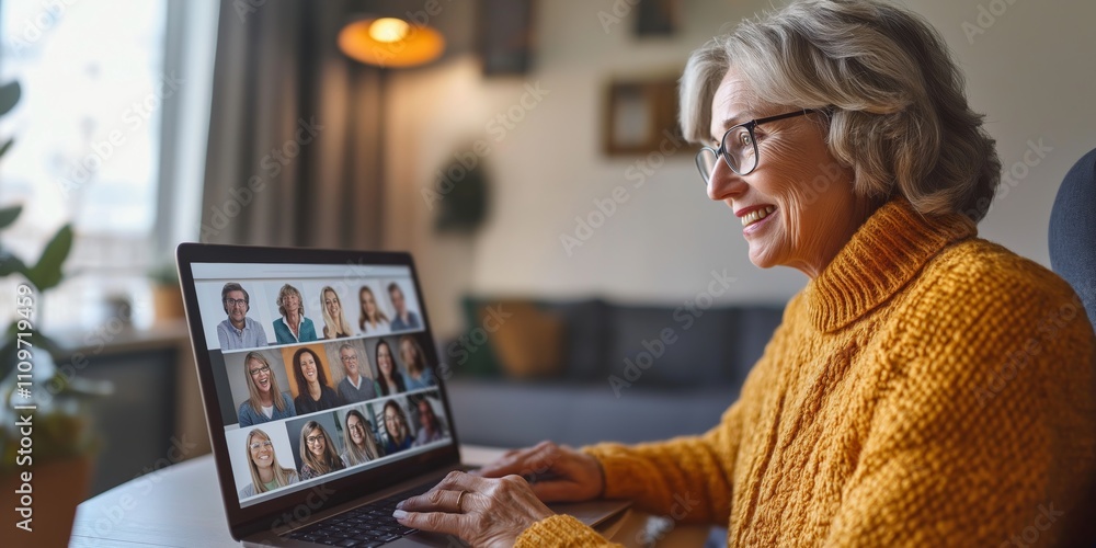 Poster a woman is sitting at a table with a laptop open in front of her. she is smiling and she is enjoying