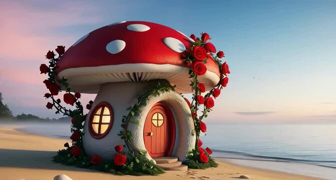 3D-rendered of a whimsical house that combines elements of a mushroom and a rose, set on a tranquil beach at dawn