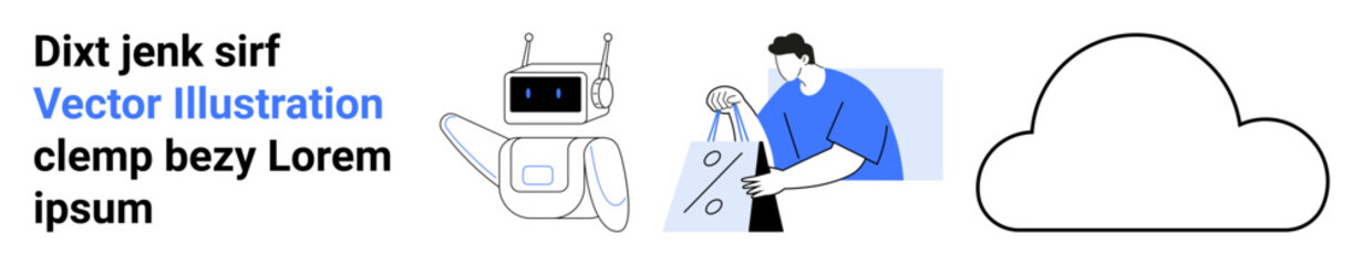 Robot holding shopping bags, man viewing content on a tablet, large cloud symbol. Ideal for technology, eCommerce, digital storage, online services, robotics connectivity innovation. Landing page