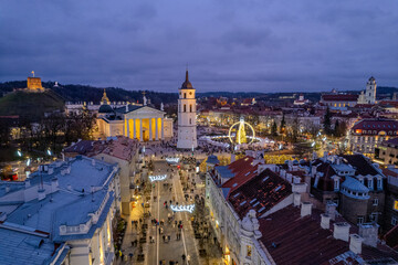 Aerial winter morning sunrise view of Cathedral Square, Vilnius old town, Christmas Tree, Lithuania