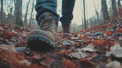 Obraz premium A person wearing hiking boots walking along a forest trail covered in fallen leaves, focus on the legs and shoes, soft natural lighting filtering through the trees