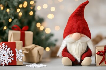 Cozy Christmas gnome with red hat and white beard near Christmas tree and gift boxes in a festive setting