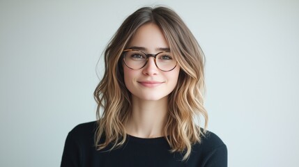 Fototapeta premium A portrait of a young woman with a bright, confident smile, wearing stylish modern eyeglasses, her wavy hair softly cascading over her shoulders