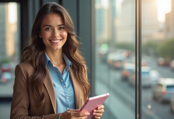 Fototapeta premium A confident young woman stands by a large window, holding a pink tablet and flashing a warm smile that radiates positivity. The bustling cityscape behind her, with cars moving along the road, adds a