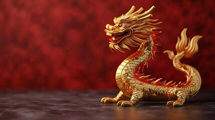 Obraz premium Golden Dragon Statue Chinese Mythology Red Background 3D Render