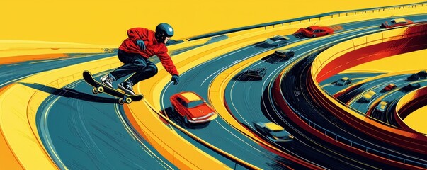 Obraz premium Highway spiral with cars and lone cyclist in dynamic perspective