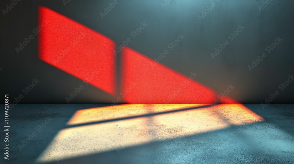 Poster abstract light and shadow play on concrete wall and floor with vivid red and soft yellow tones creat