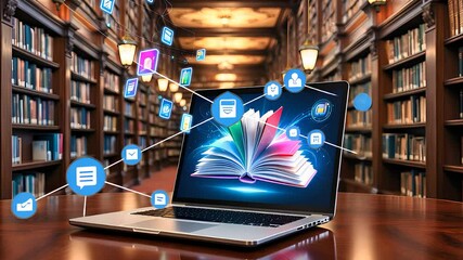 Digital Education Concept with Laptop and Online Learning Icons in a Library

