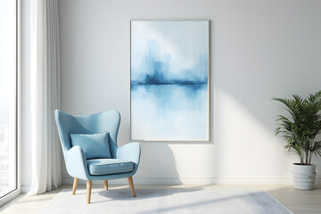 Serene corner featuring light blue armchair paired with coordinating abstract art and indoor plant