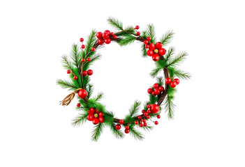 Christmas wreath and garland with festive decorations, and copy space at the center