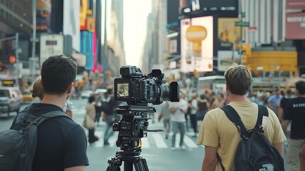 Filmmakers shooting video in Times Square, NYC.