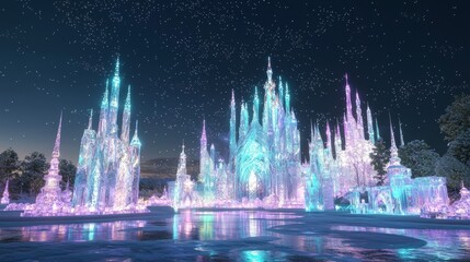 Fototapeta premium Enchanted Ice Castle in Starry Night - A Fantastical Winter Wonderland of Intricate Sculptures, Colorful Reflections, and Sparkling Flurries