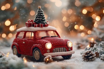 Knitted christmas red car toy with fir tree. New Year 2025