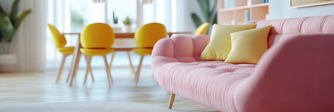 Colorful interior with pink sofa and yellow dining chairs
