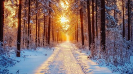 Sunlit Path Through a Snowy Forest