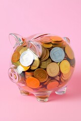 A clear piggy bank filled with coins, symbol of personal savings, financial literacy, money savings, banking services, copy space