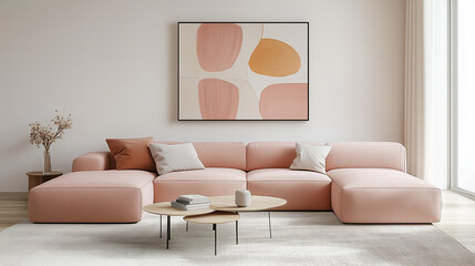 Contemporary pink sofa in a minimalist living room with abstract wall art
