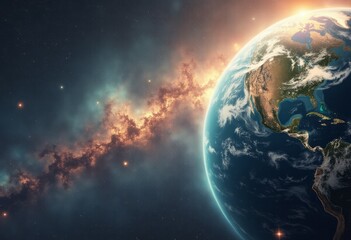Obraz premium This breathtaking image captures Earth in all its glory, floating in the vastness of space, surrounded by a stunning cosmic backdrop. The vibrant colors of the galaxy swirl around, with hints of