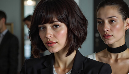 Fashionable young women, serious mood, posing elegantly for a portrait in an indoor setting
