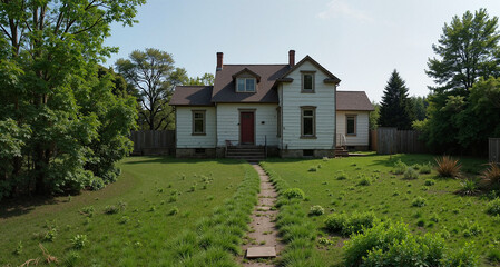 Obraz premium Charming old house, serene mood, surrounded by lush greenery and a winding path