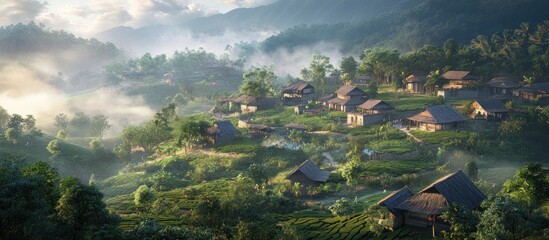 Fototapeta premium Misty morning over a village in a valley.