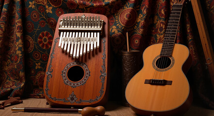 Musical instruments in a cozy setting with warm colors and rich textures