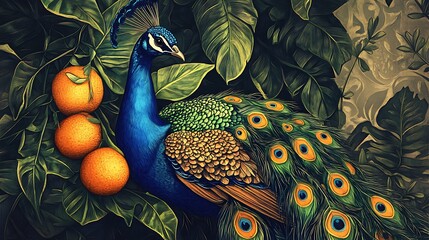 Fototapeta premium Peacock illustration highlighting bold and vibrant blue feather details image