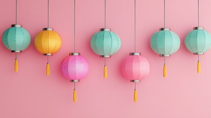 Pastel Paper Lanterns Hanging Pink Background Festive Decor