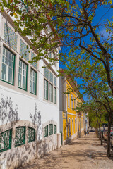 A picturesque street lined with colorful buildings, adorned with traditional Portuguese tilework and framed by lush green trees