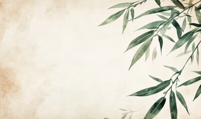 Obraz premium Minimalist bamboo leaf design in beige watercolor and ink wash style, featuring subtle brushstrokes