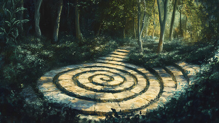 A labyrinthine path, representing the complexities of life and the search for meaning and purpose. Labyrinthine. Illustration