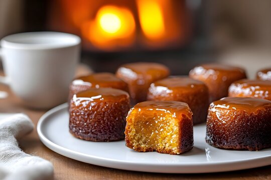 Nonnetes. Caramelized nonnette cakes with shimmering glazed tops on a white plate; one cut, revealing apricot jam. On a wooden coffee table with coffee nearby, a glowing chimney adds cozy ambiance