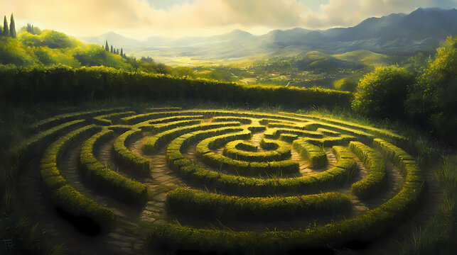 A labyrinthine path, representing the complexities of life and the search for meaning and purpose. Labyrinthine. Illustration