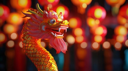 Golden Dragon Statue Chinese New Year Festive Lights Asian Culture