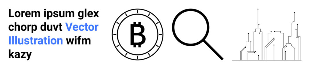Bitcoin symbol inside circular border, magnifying glass, city skyline outline, and placeholder text. Ideal for finance, cryptocurrency, search, analysis, urban planning, blockchain, technology