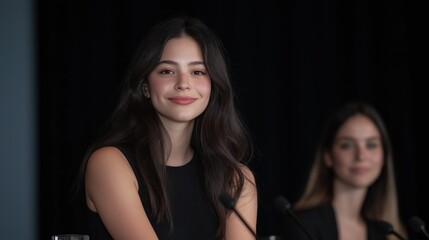 Fototapeta premium Two young women sitting at a table with microphones in front of them. the woman on the left is wearing a black sleeveless top and has long dark hair. she is smiling and looking directly at the camera.