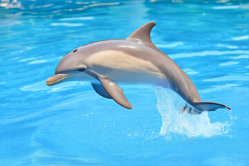 Fototapeta premium A playful dolphin jumps out of the crystal clear blue water, showcasing its agility while delighting onlookers. The scene captures a vibrant marine environment under a sunny sky.