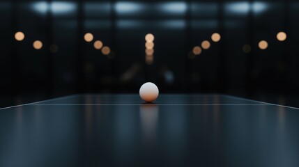 Ping pong table with a single white ball on it. the table is in the center of the image and the background is black.