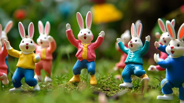 Funny Minature Ceramic Bunnies Dancing on Grass.
