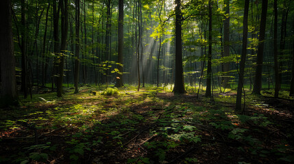 Obraz premium Sunlight Through Forest Leaves: Sunlight filtering through the leaves of a dense forest, creating dappled patterns on the ground and highlighting the lush greenery.