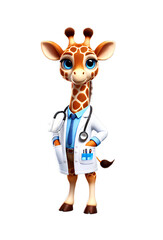 Obraz premium A cartoon giraffe doctor in a white coat, wearing a stethoscope, with a friendly and professional look.