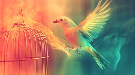 Fototapeta premium Colorful bird escaping fiery cage, freedom concept.