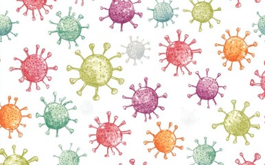 A lively abstract representation of viruses and microorganisms set against a white background, featuring different forms and proportions.